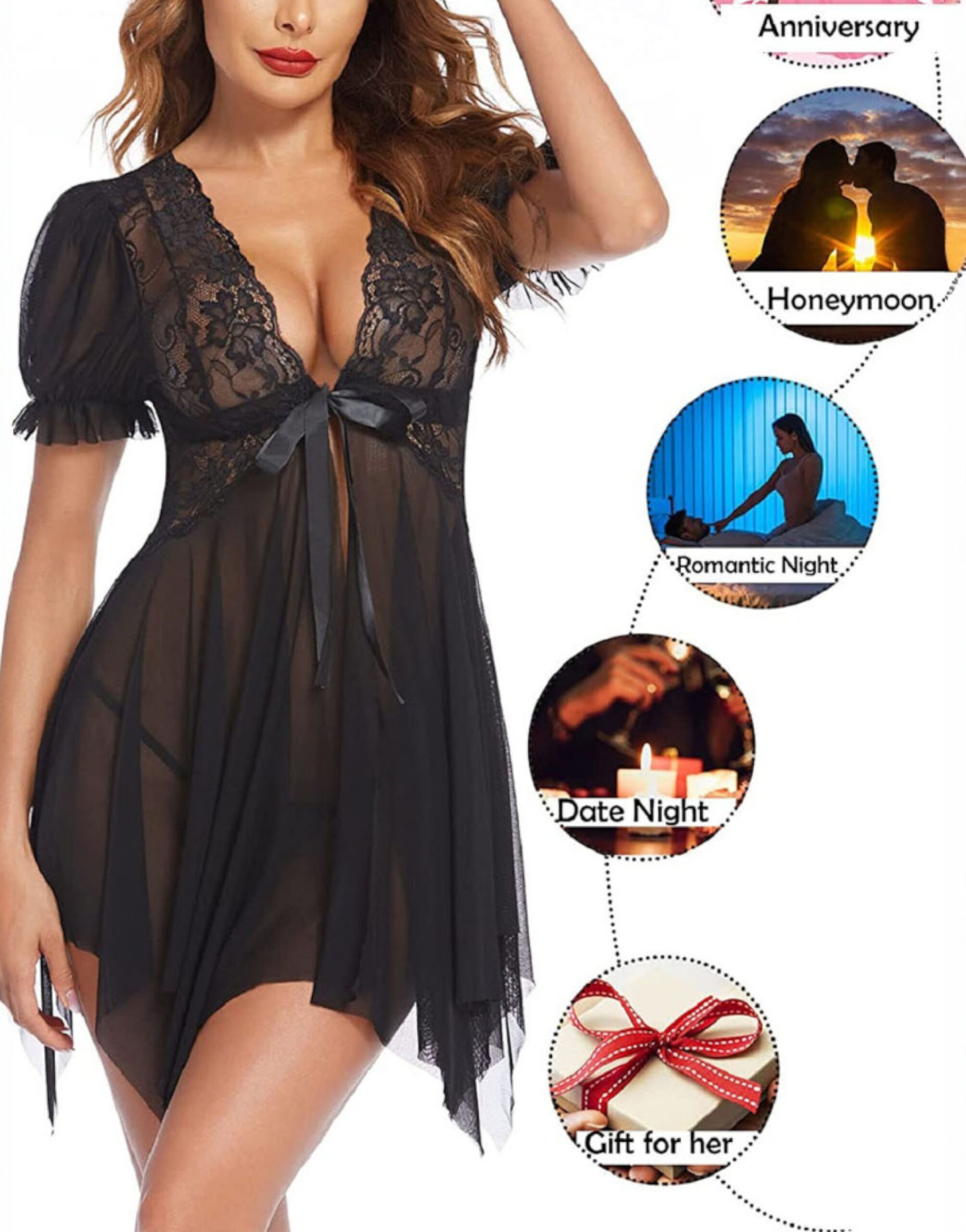 Havnaura Babydoll Nightwear for Women - Black Lace Front Open Dress with Sheer Mesh | Soft Lightweight Fabric | Comfortable Fit | Elegant Sleepwear for Honeymoon Special Nights and Gifting - Image 2