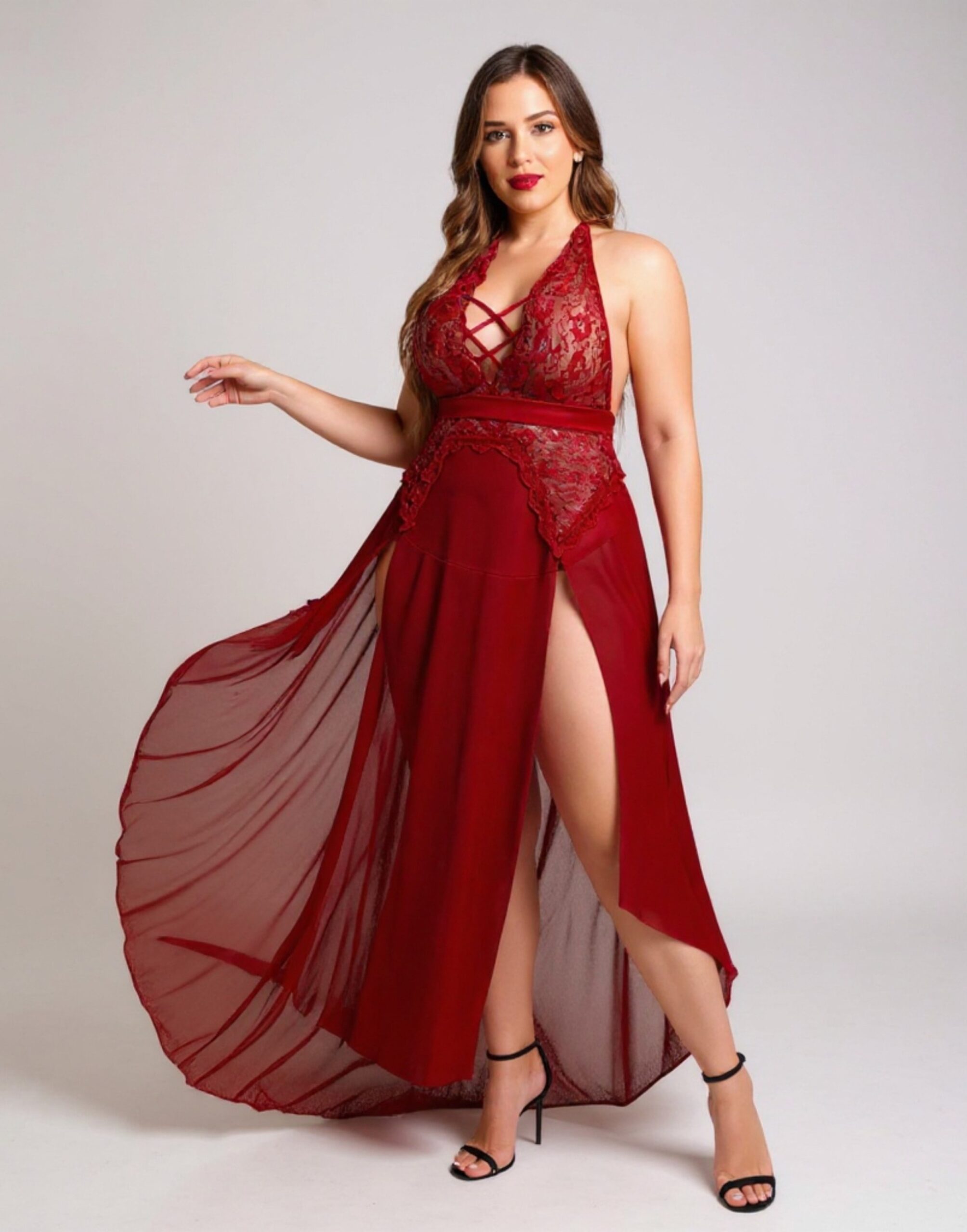 Havnaura Women’s Sexy Lace Babydoll Nightdress – Honeymoon Lingerie Nightwear | Criss-Cross Front, Sheer Mesh, Thigh Slit | Romantic Bridal Nighty (Maroon) - Image 7