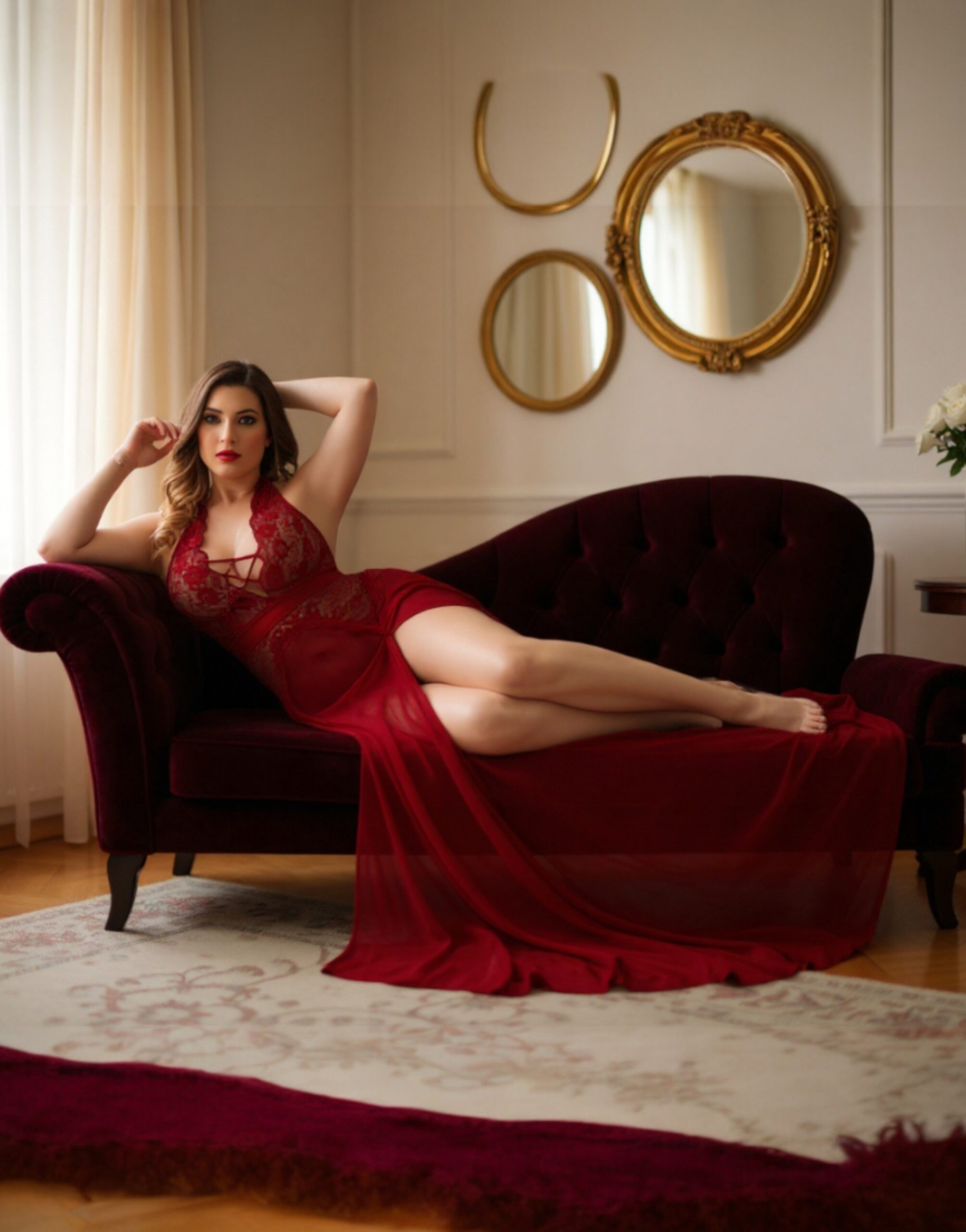 Havnaura Women’s Sexy Lace Babydoll Nightdress – Honeymoon Lingerie Nightwear | Criss-Cross Front, Sheer Mesh, Thigh Slit | Romantic Bridal Nighty (Maroon) - Image 6